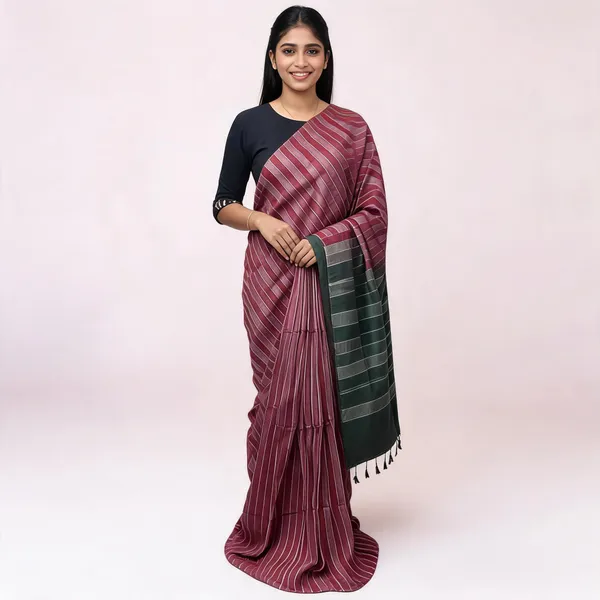 Maroon_And_Green_Bhagalpuri_Stripe_Silk_Saree_For_Women