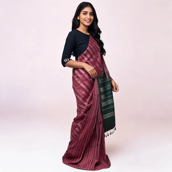 Maroon_And_Green_Bhagalpuri_Stripe_Silk_Saree_For_Women
