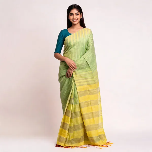 Green_Yellow_Bhagalpuri_Stripe_Silk_Saree_For_Women