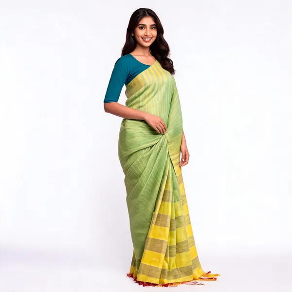 Green_Yellow_Bhagalpuri_Stripe_Silk_Saree_For_Women