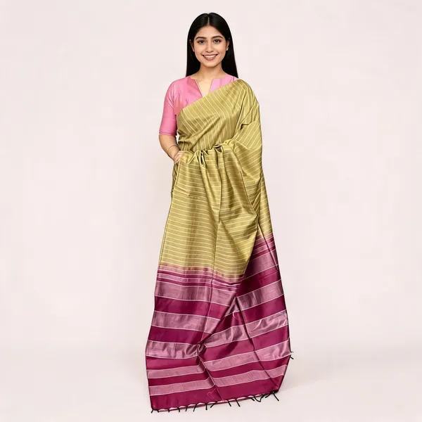 Olive_Green_And_Magenta_Bhagalpuri_Stripe_Silk_Saree_For_Women