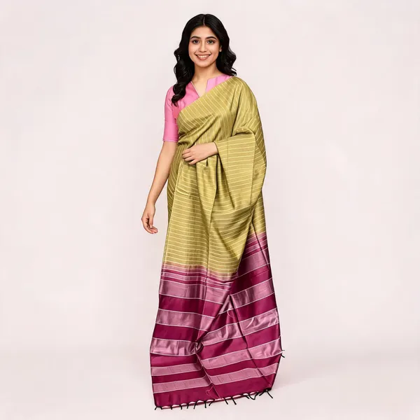 Olive_Green_And_Magenta_Bhagalpuri_Stripe_Silk_Saree_For_Women