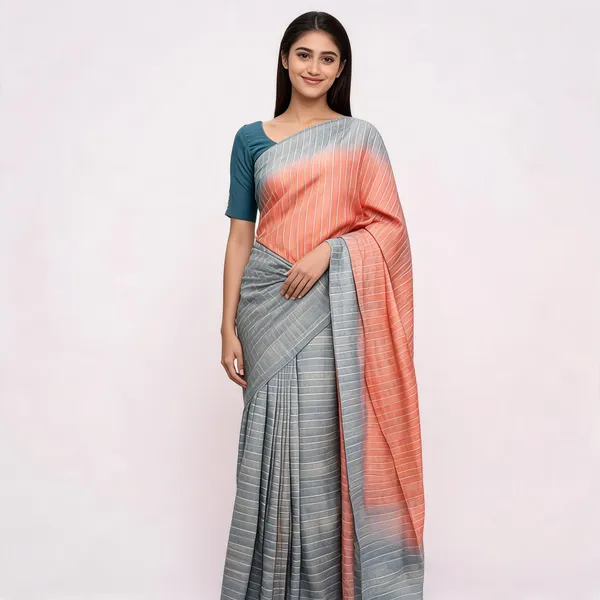 Peach_And_Grey_Bhagalpuri_Stripe_Silk_Saree_For_Women