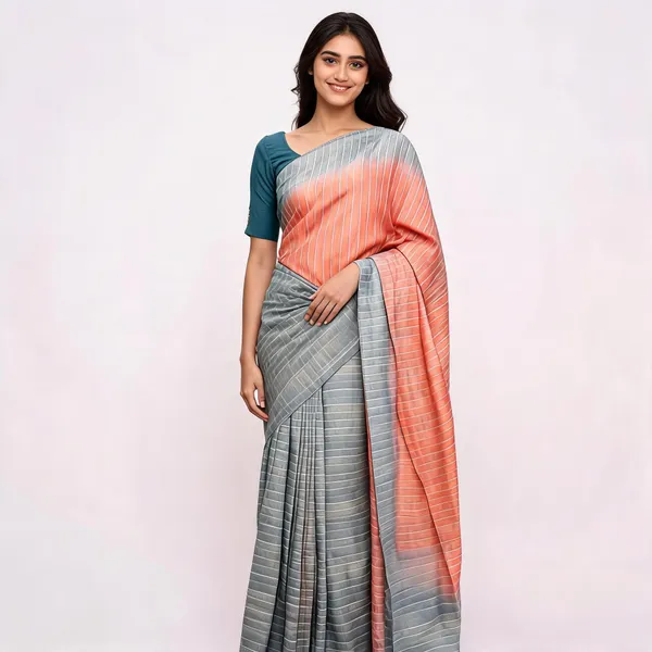 Peach_And_Grey_Bhagalpuri_Stripe_Silk_Saree_For_Women