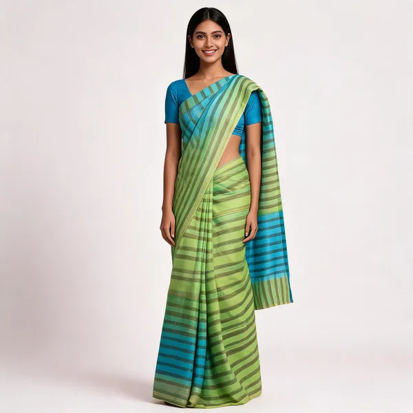 Green_And_Blue_Bhagalpuri_Stripe_Silk_Saree_For_Women