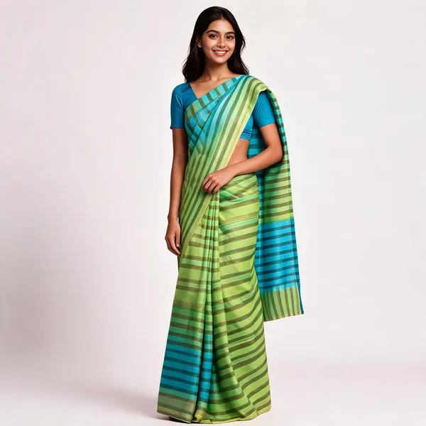 Green_And_Blue_Bhagalpuri_Stripe_Silk_Saree_For_Women