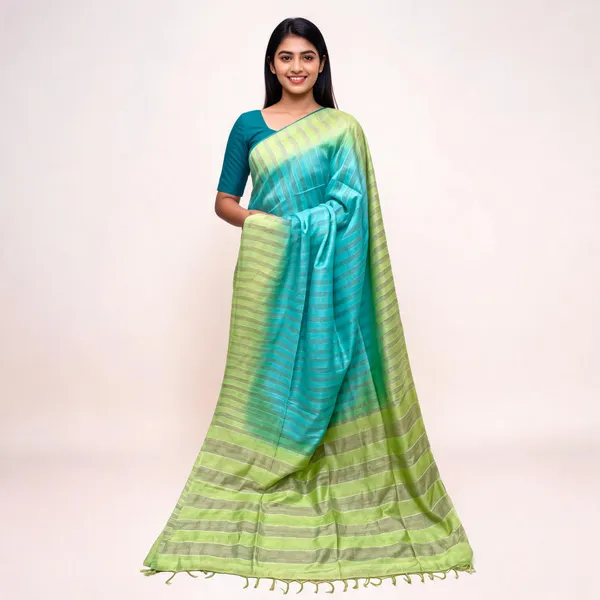 Green_And_Turquoise_Bhagalpuri_Stripe_Silk_Saree_For_Women