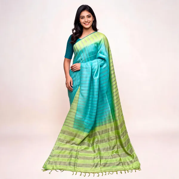 Green_And_Turquoise_Bhagalpuri_Stripe_Silk_Saree_For_Women