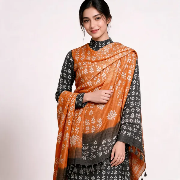 Orange_And_Black_Malwari_Cotton_Batik_Print_Unstitched_Suit_Set_For_Women