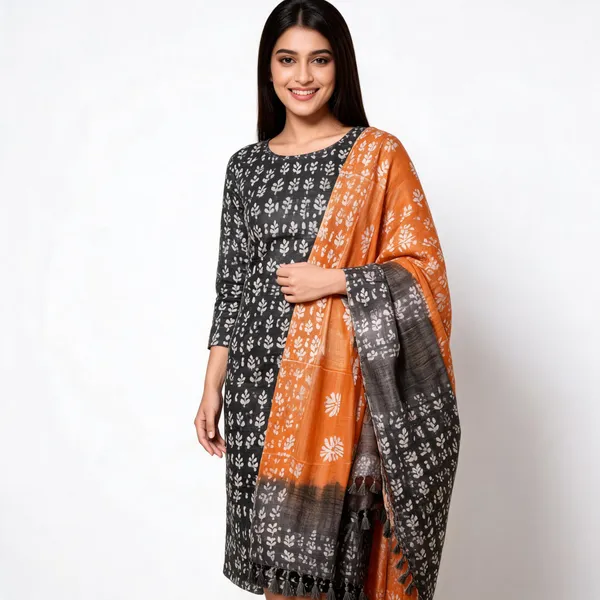 Orange_And_Black_Malwari_Cotton_Batik_Print_Unstitched_Suit_Set_For_Women