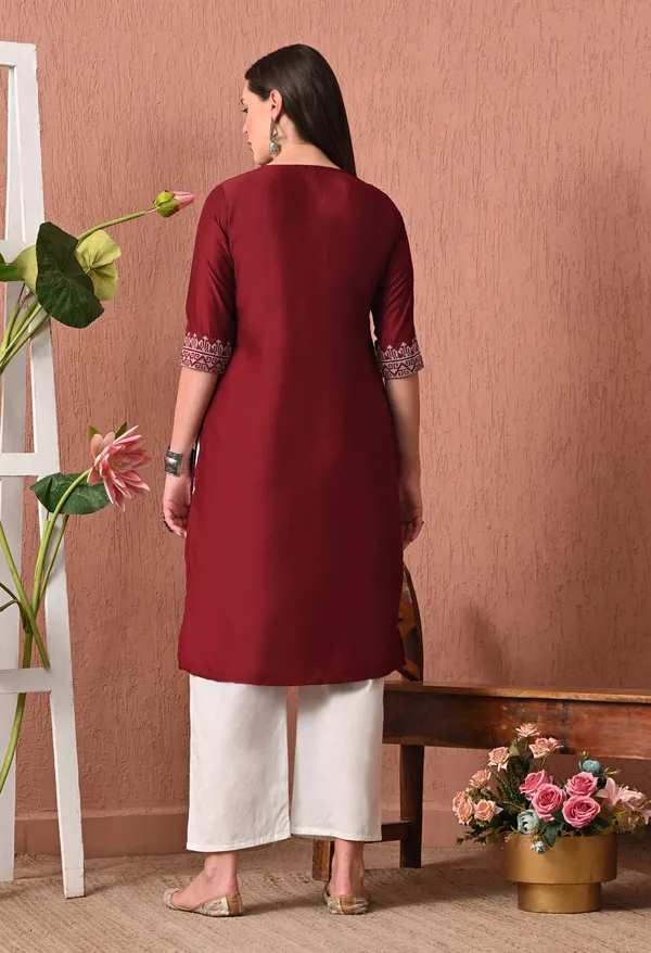 Maroon_Rayon_Straight_Embroidered_Kurta_For_Women