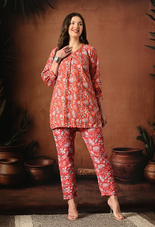 Red_Rayon_Straight_Floral_Print_Kurta_Pant_Set_For_Women
