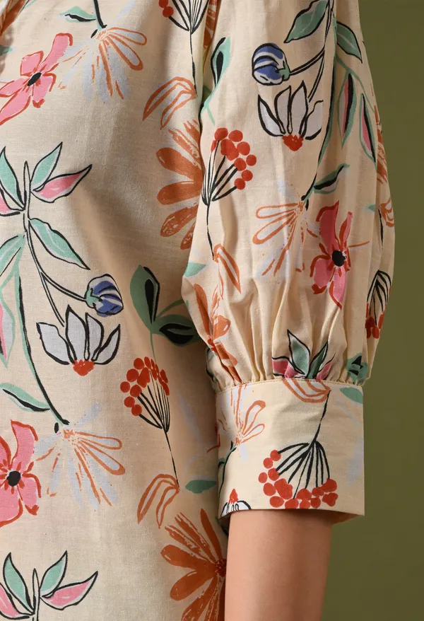 Cream_Rayon_Wide_Leg_Floral_Print_Kurta_Pant_Set_For_Women