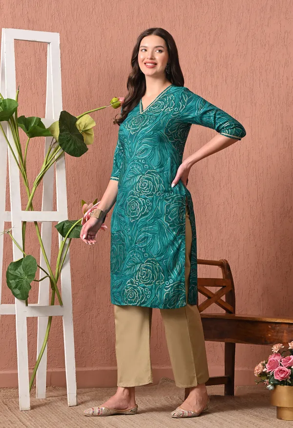 Teal_Green_Rayon_Straight_Floral_Print_V-Neck_Kurta_For_Women