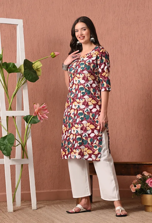 Multicolor_Rayon_Straight_Leaf_Print_Kurta_For_Women