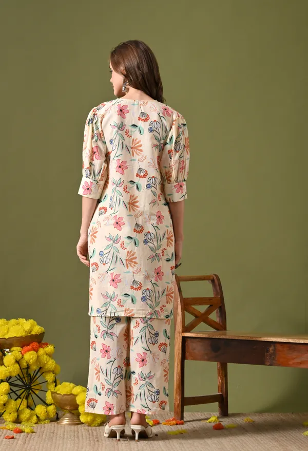 Cream_Rayon_Wide_Leg_Floral_Print_Kurta_Pant_Set_For_Women