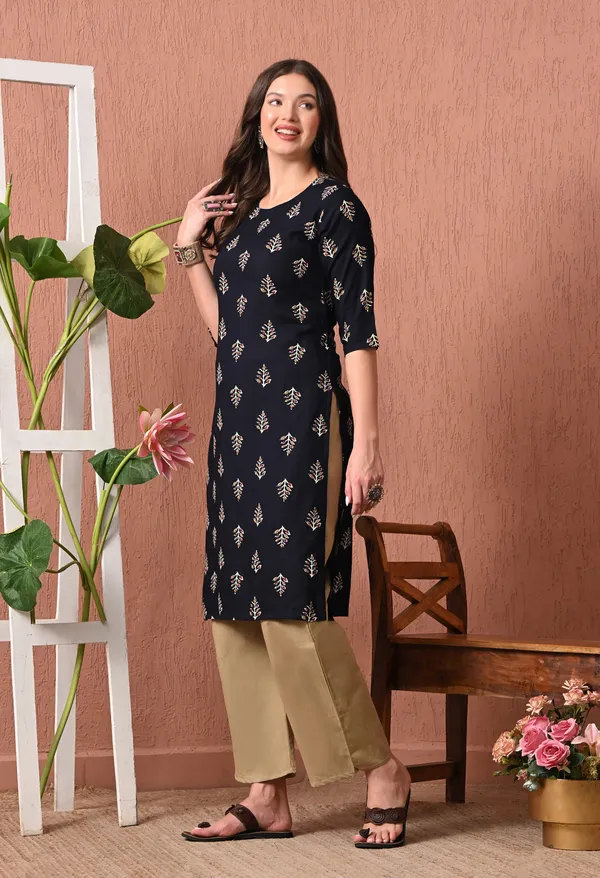 Black_Rayon_Straight_Leaf_Print_Kurta_For_Women