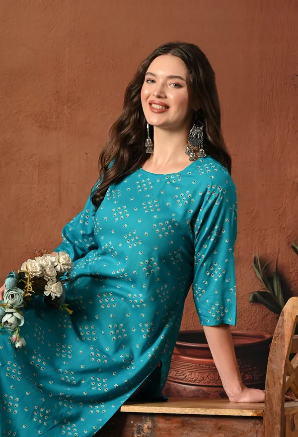Teal_Blue_Rayon_Straight_Floral_Print_Kurta_For_Women