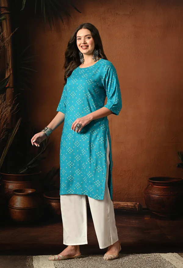 Teal_Blue_Rayon_Straight_Floral_Print_Kurta_For_Women