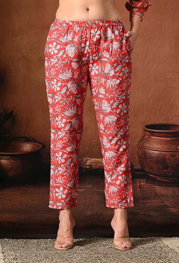 Red_Rayon_Straight_Floral_Print_Kurta_Pant_Set_For_Women