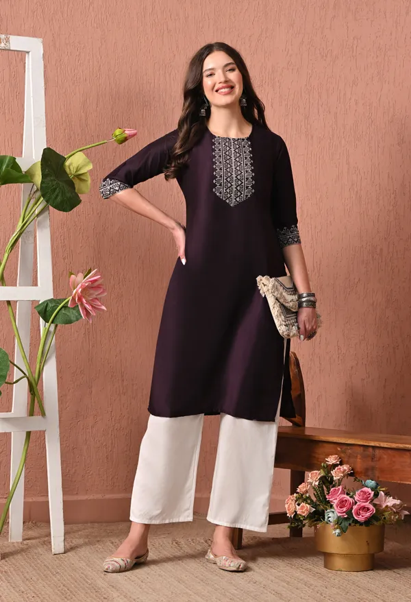 Chocolate_Brown_White_Rayon_Straight_Geometric_Print_Kurta_For_Women