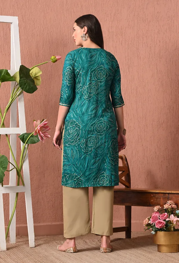 Teal_Green_Rayon_Straight_Floral_Print_V-Neck_Kurta_For_Women