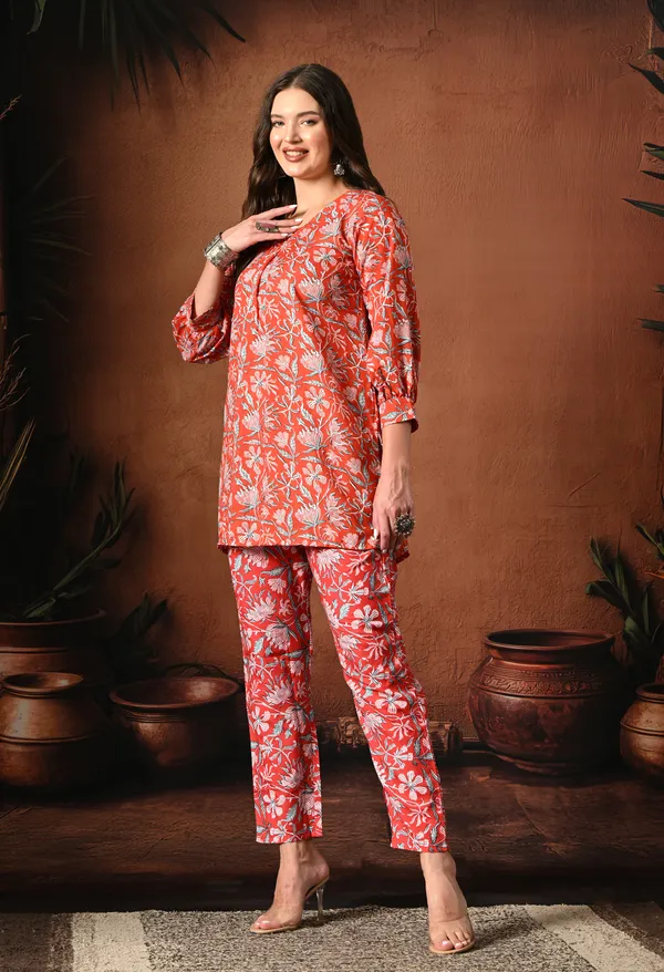 Red_Rayon_Straight_Floral_Print_Kurta_Pant_Set_For_Women