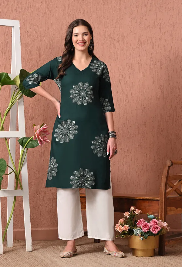 Dark_Green_Rayon_Straight_Floral_Print_Kurta_For_Women