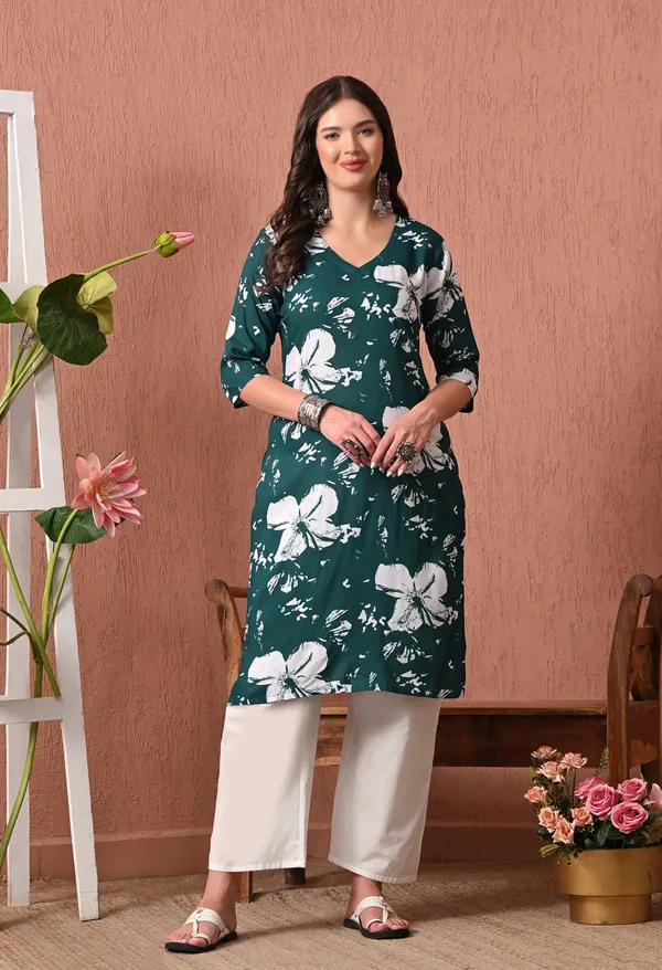 Dark_Green_Rayon_Straight_Floral_Print_Kurta_For_Women