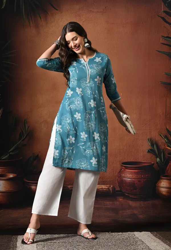 Teal_Blue_Rayon_Straight_Floral_Kurta_For_Women