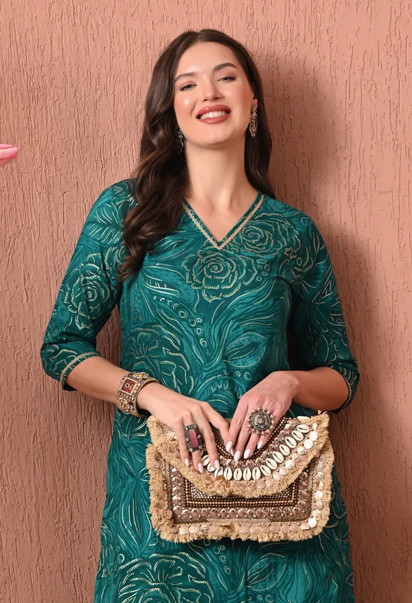 Teal_Green_Rayon_Straight_Floral_Print_V-Neck_Kurta_For_Women