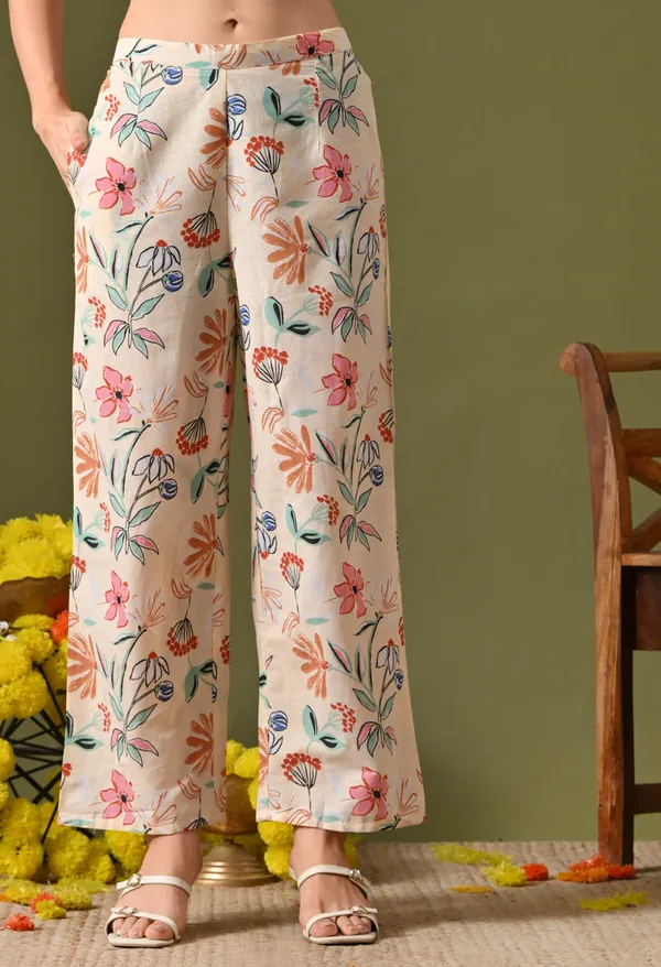 Cream_Rayon_Wide_Leg_Floral_Print_Kurta_Pant_Set_For_Women