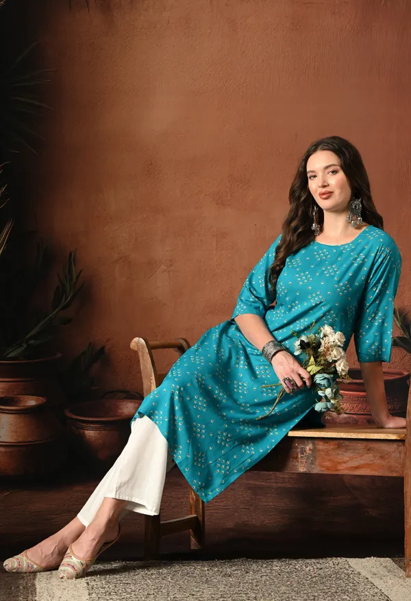 Teal_Blue_Rayon_Straight_Floral_Print_Kurta_For_Women