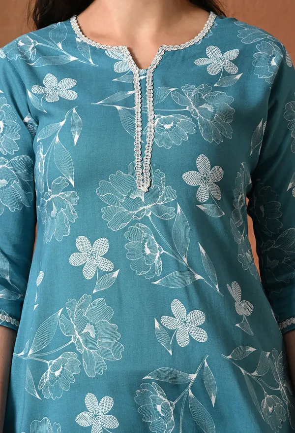 Teal_Blue_Rayon_Straight_Floral_Kurta_For_Women