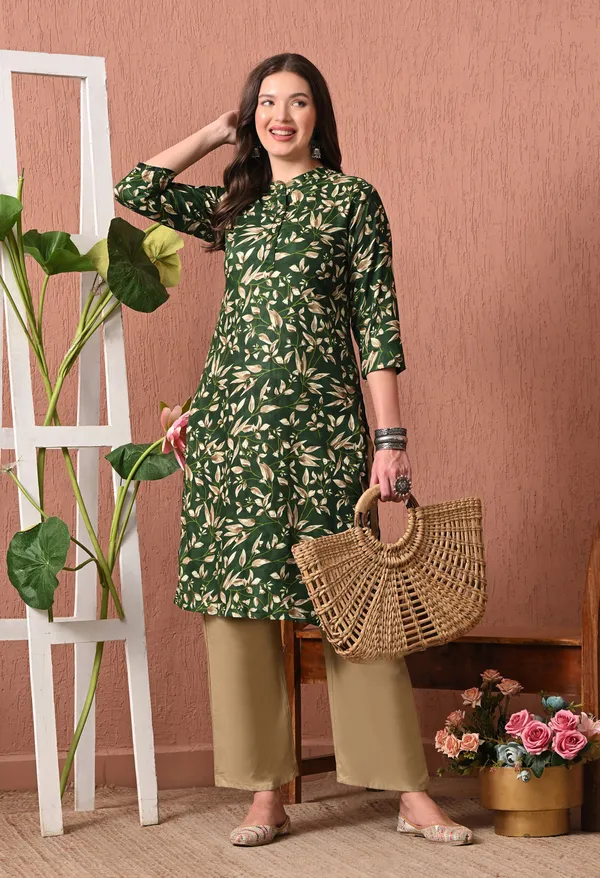 Dark_Green_Rayon_Straight_Floral_Print_Kurta_Pant_Set_For_Women