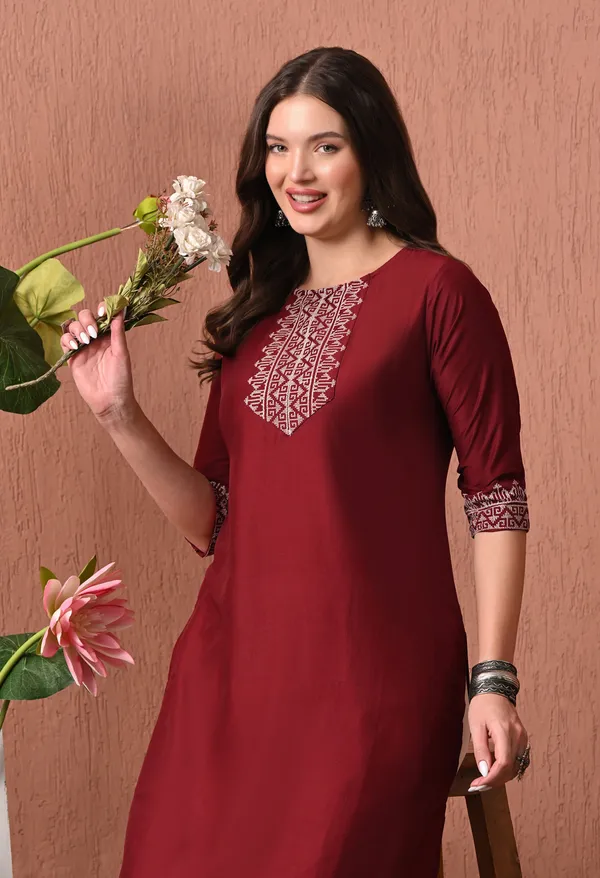 Maroon_Rayon_Straight_Embroidered_Kurta_For_Women