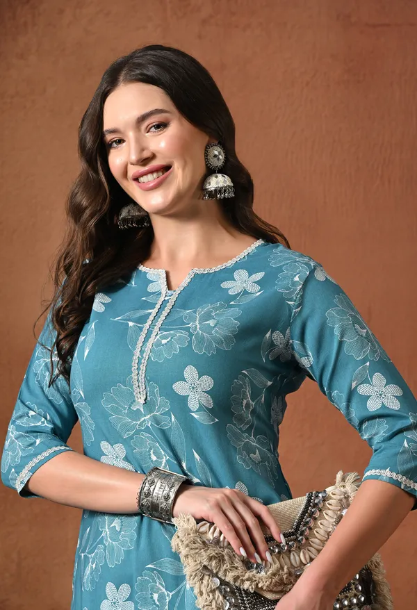 Teal_Blue_Rayon_Straight_Floral_Kurta_For_Women