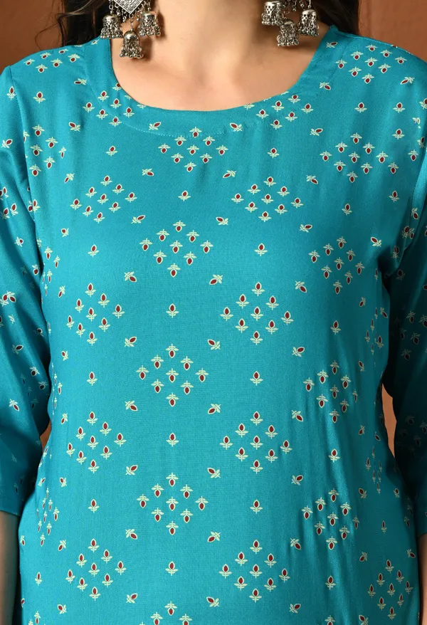 Teal_Blue_Rayon_Straight_Floral_Print_Kurta_For_Women