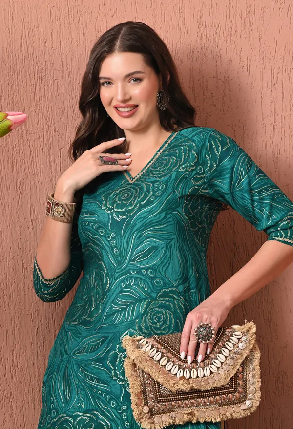 Teal_Green_Rayon_Straight_Floral_Print_V-Neck_Kurta_For_Women