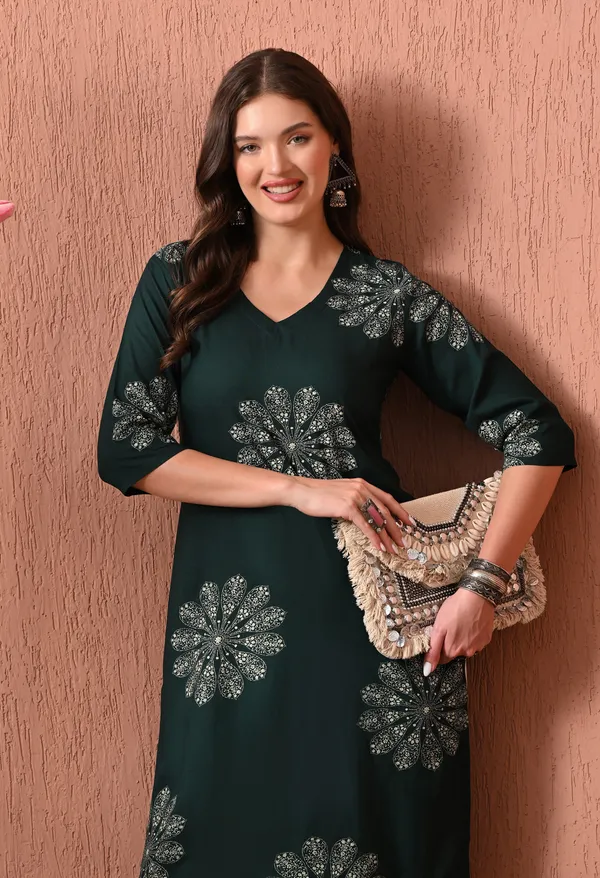 Dark_Green_Rayon_Straight_Floral_Print_Kurta_For_Women