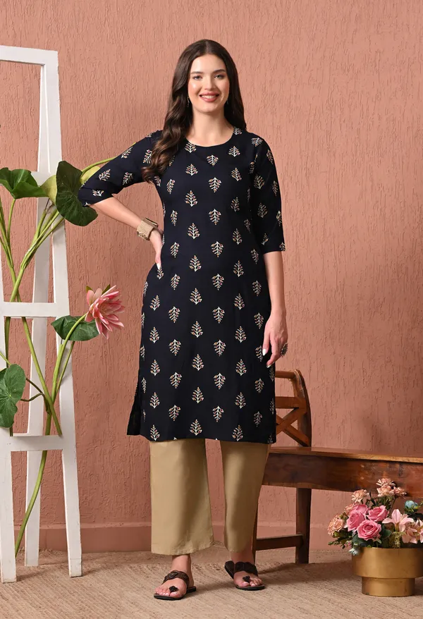 Black_Rayon_Straight_Leaf_Print_Kurta_For_Women
