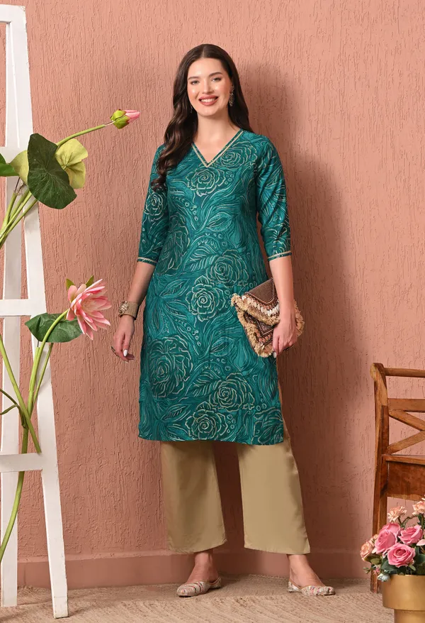 Teal_Green_Rayon_Straight_Floral_Print_V-Neck_Kurta_For_Women