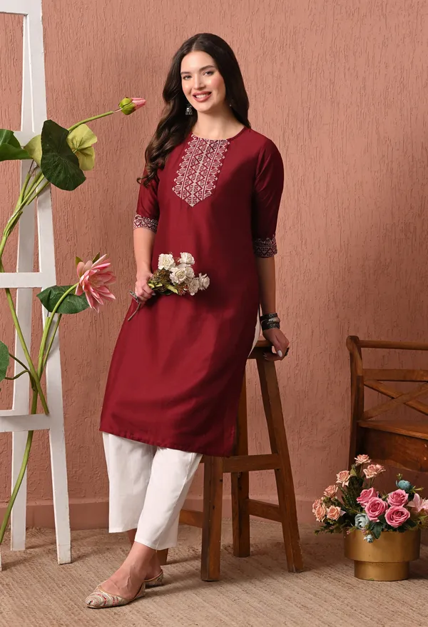 Maroon_Rayon_Straight_Embroidered_Kurta_For_Women