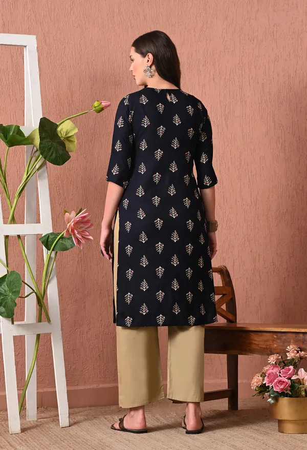 Black_Rayon_Straight_Leaf_Print_Kurta_For_Women