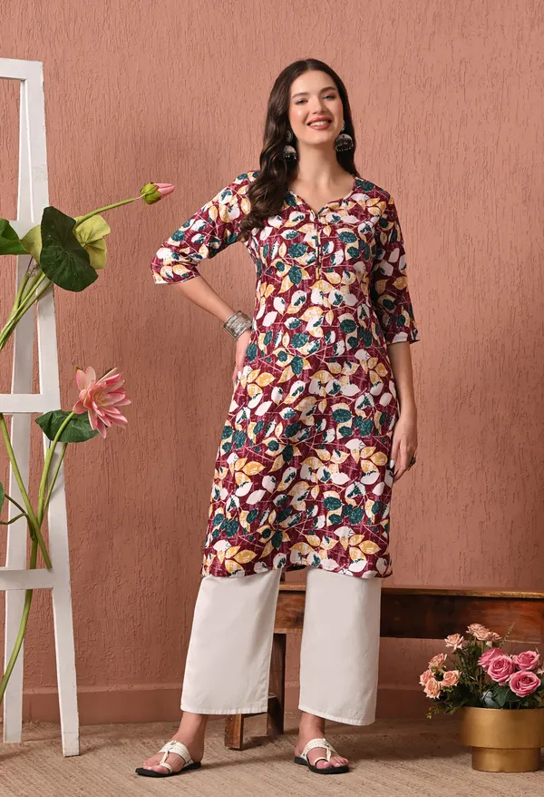 Multicolor_Rayon_Straight_Leaf_Print_Kurta_For_Women