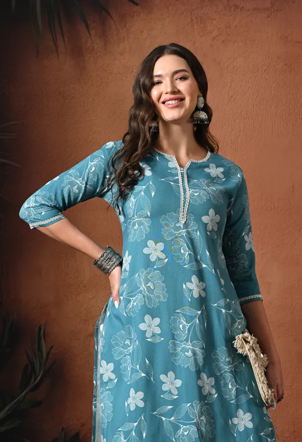 Teal_Blue_Rayon_Straight_Floral_Kurta_For_Women