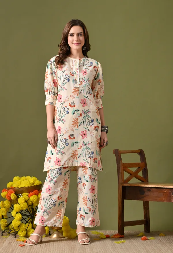 Cream_Rayon_Wide_Leg_Floral_Print_Kurta_Pant_Set_For_Women