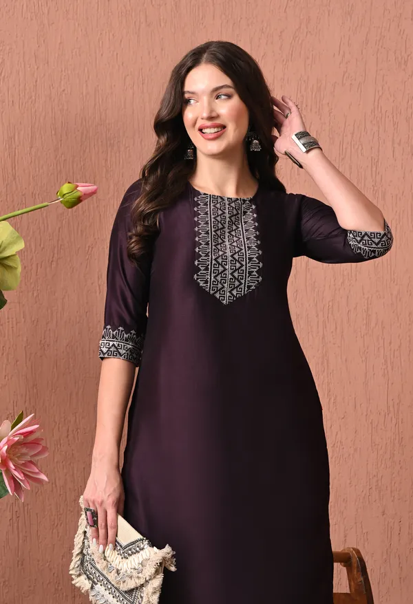 Chocolate_Brown_White_Rayon_Straight_Geometric_Print_Kurta_For_Women