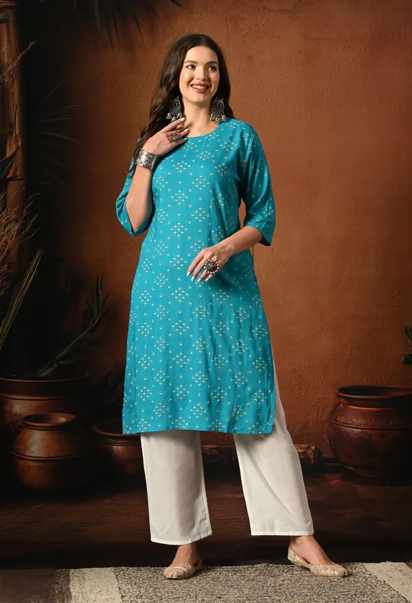 Teal_Blue_Rayon_Straight_Floral_Print_Kurta_For_Women