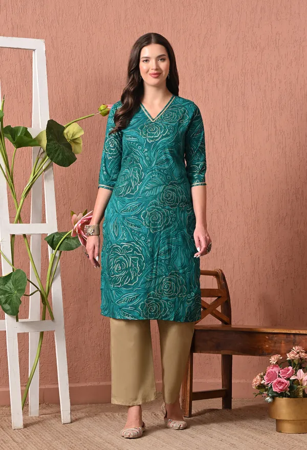 Teal_Green_Rayon_Straight_Floral_Print_V-Neck_Kurta_For_Women